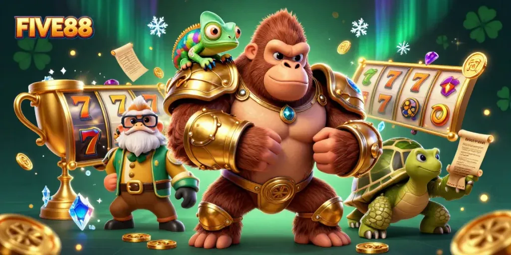 Experience thrilling slot gaming with FIVE88's dynamic characters and vibrant, colorful action.