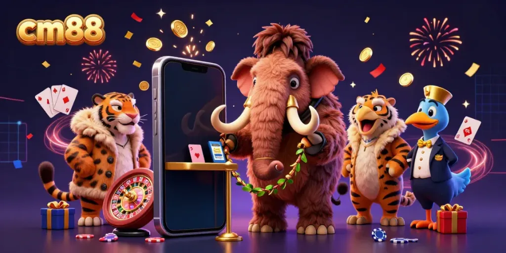 Engage with cm88's vibrant casino atmosphere featuring a woolly mammoth bouncer, VIP saber-tooth guest, and dodo doorman.