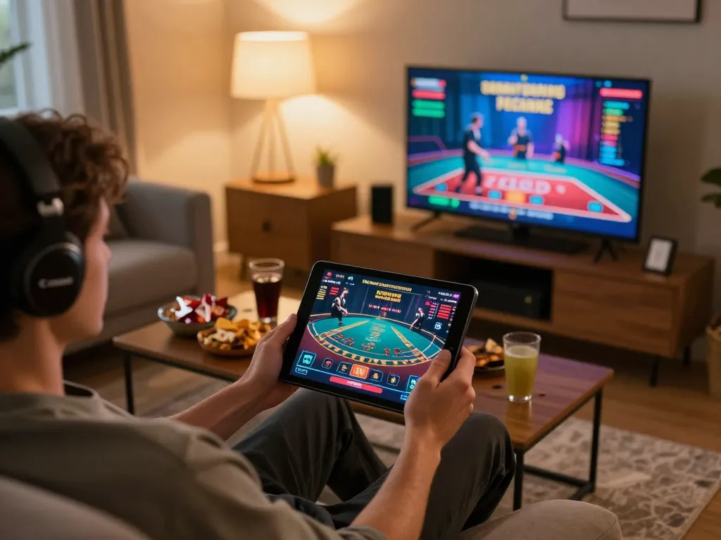 Player engaging with jun88 online casino app on tablet, home setting with snacks and warm ambiance