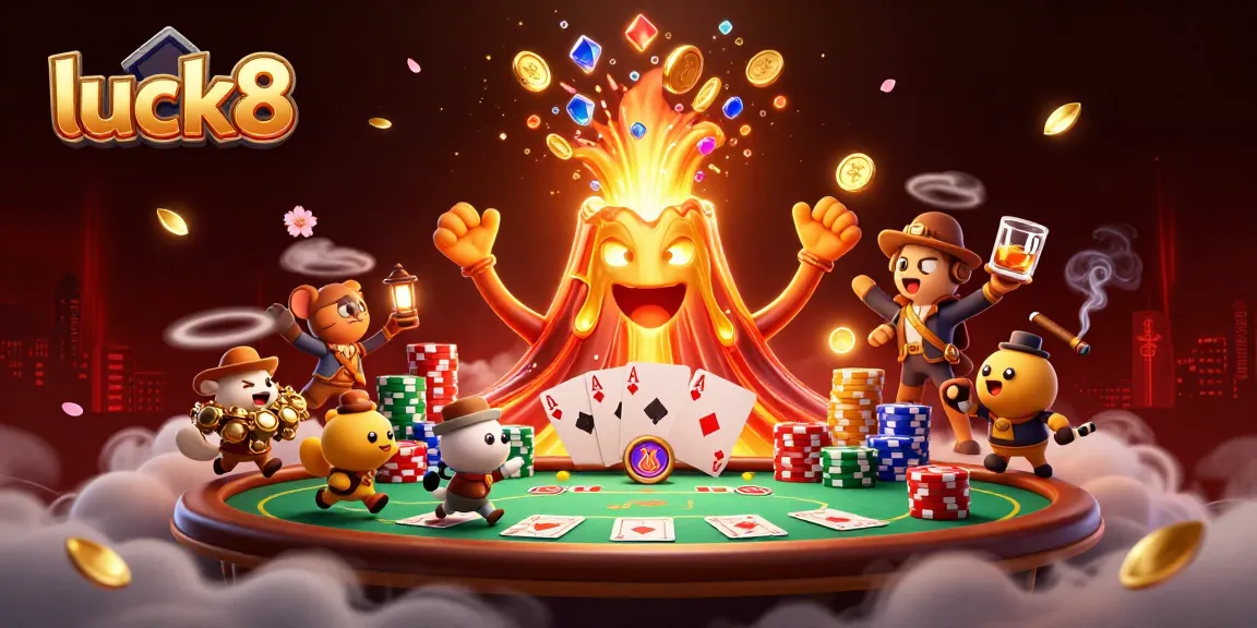 luck8 showcases thrilling gameplay with a golden volcano erupting treasure amidst a vibrant casino setting