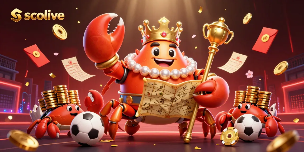 Socolive features a 3D golden crab emperor in a vibrant gambling scene with sports betting elements.