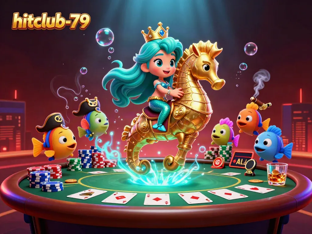 Engage in thrilling poker action with hitclub-79's interactive mermaid casino scene featuring vibrant 3D elements.