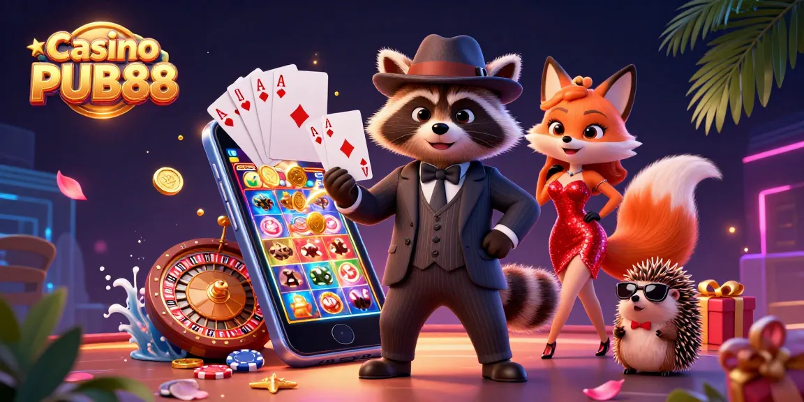 Experience Casino PUB88 excitement with a suave raccoon and charming companions in a vibrant gaming scene.