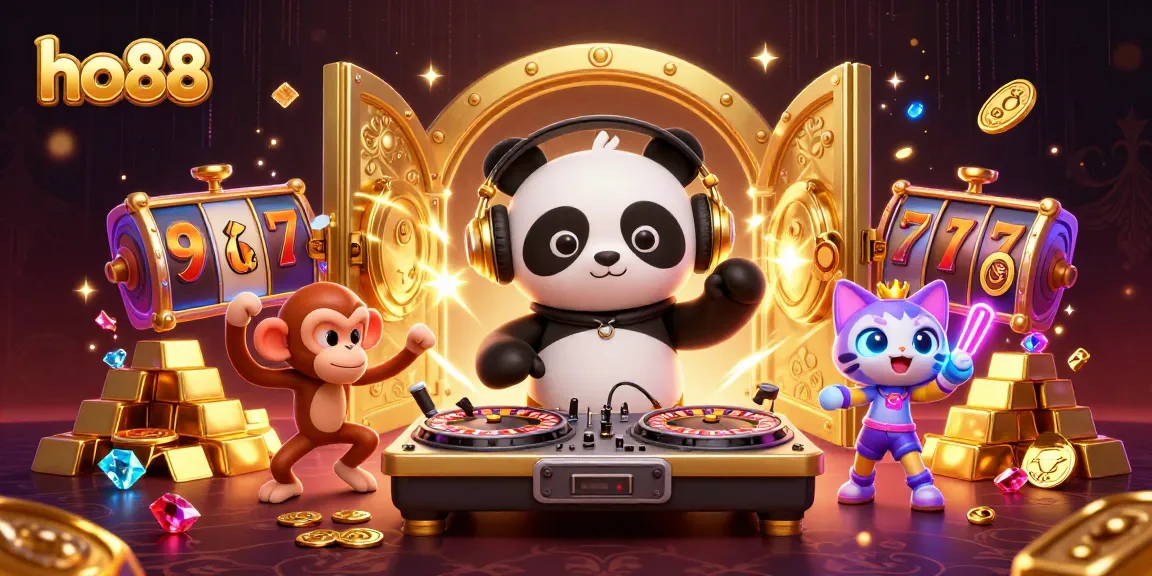 Spin the reels at ho88 with DJ panda and friends, surrounded by vibrant casino treasures.
