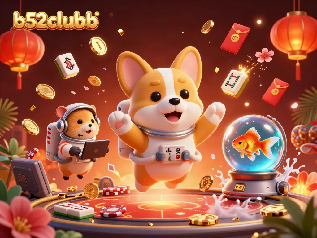 Engage in thrilling gaming with b52clubb, featuring an astronaut corgi in a colorful casino scene.