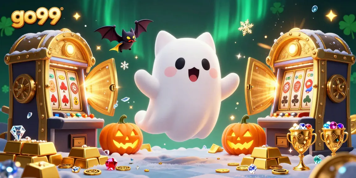 Experience thrilling gaming at go99 with ghost cat and bat in a dynamic, haunted casino scene.