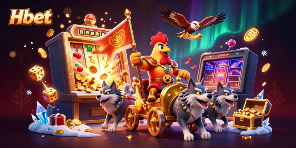 Engage with Hbet's thrilling casino adventures featuring a rooster warlord amidst a jackpot explosion.