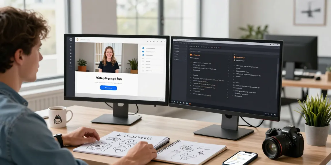 Video to prompt converter workspace with dual monitors displaying video upload and AI prompt outputs, capturing creative digital interaction.