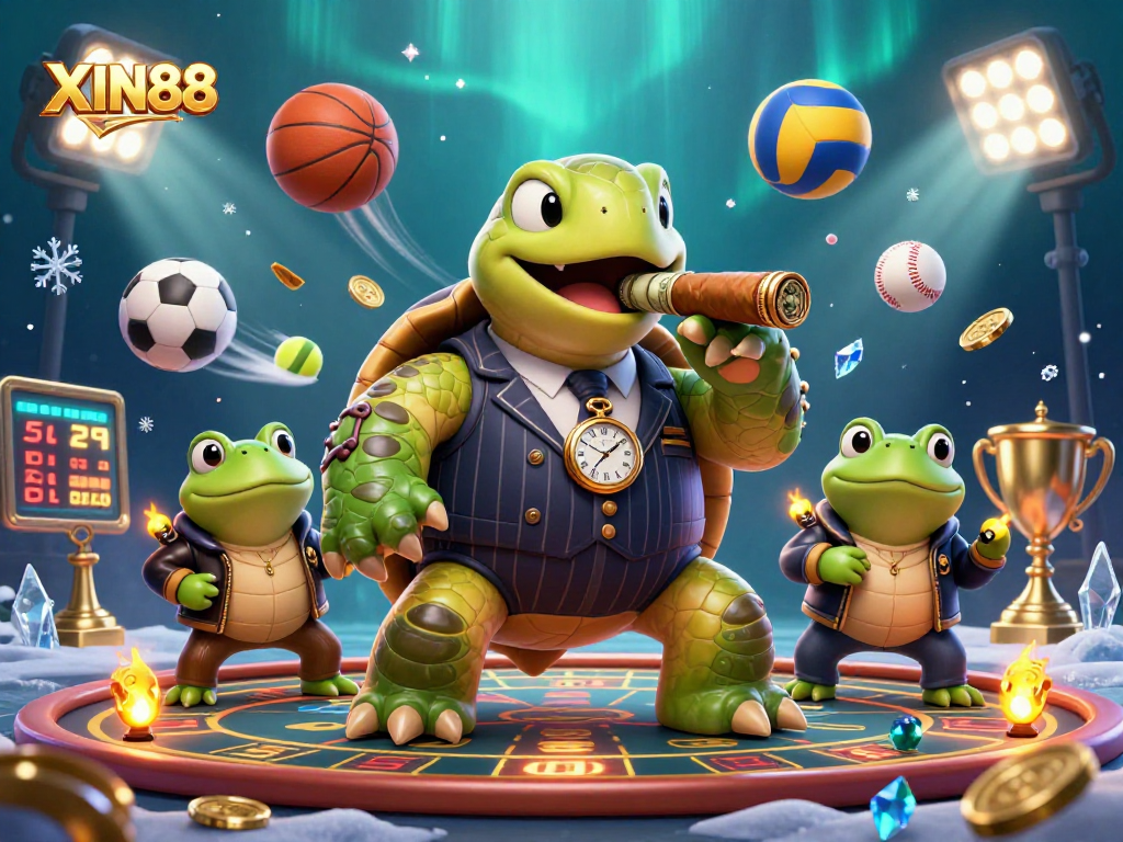 Experience the exciting world of XIN88 with a vibrant illustration showcasing a snapping turtle mobster and bullfrog enforcers.