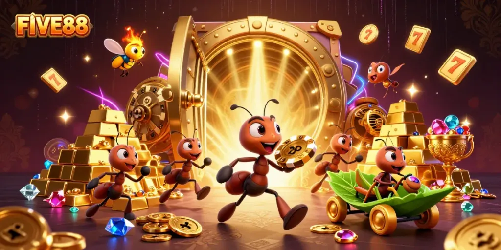Experience the thrill of FIVE88 with dynamic casino heist featuring 3D ants and treasure elements.