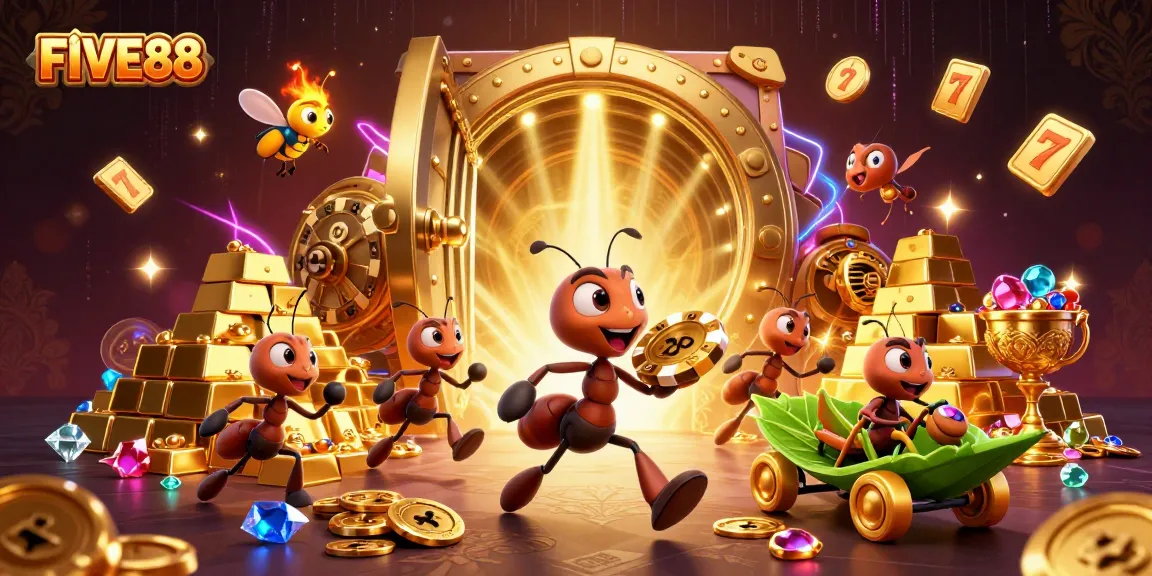 Experience the thrill of FIVE88 with dynamic casino heist featuring 3D ants and treasure elements.