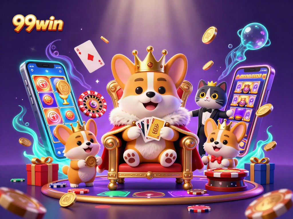 Experience 99win's exciting slots with a royal corgi throne scene filled with gaming elements.