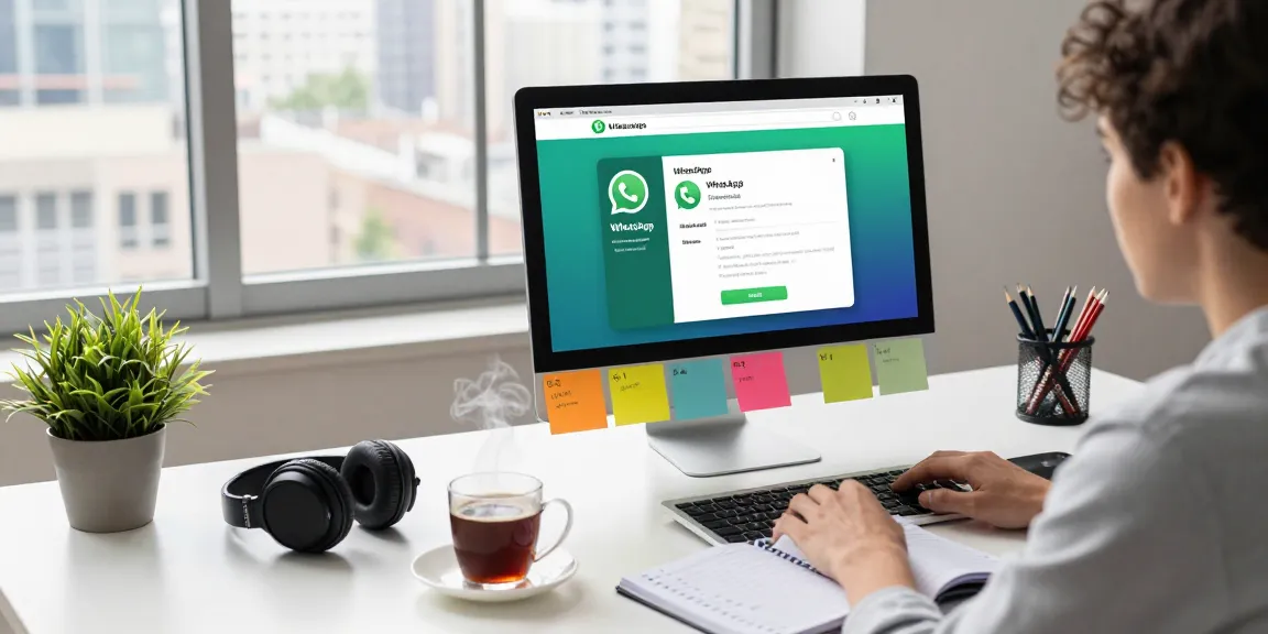 Using WhatsApp電腦版 on a modern workspace with vibrant decor and natural light.