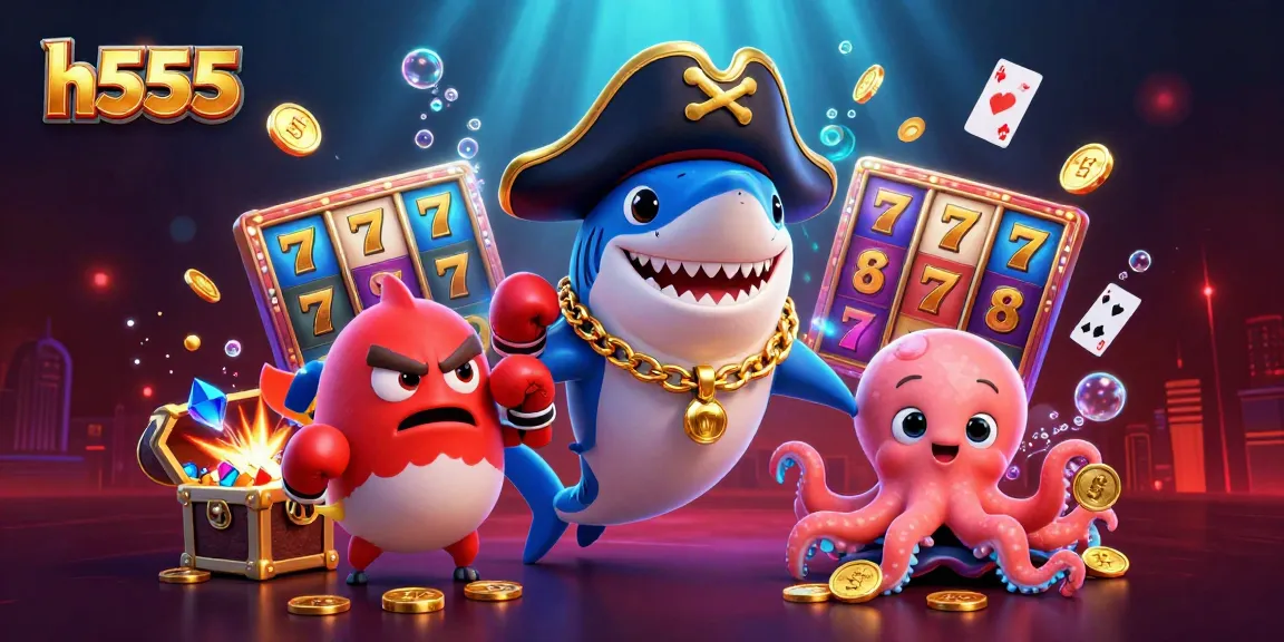 Bet on h555 with a cartoon pirate shark and friends amidst thrilling casino gameplay.