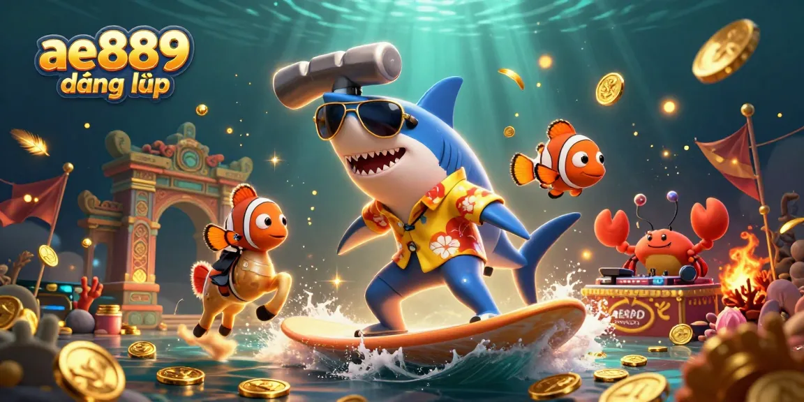 Engage in thrilling gaming action with ae889 đăng nhập, featuring cartoon shark, seahorse, and crab DJ in vibrant scene.