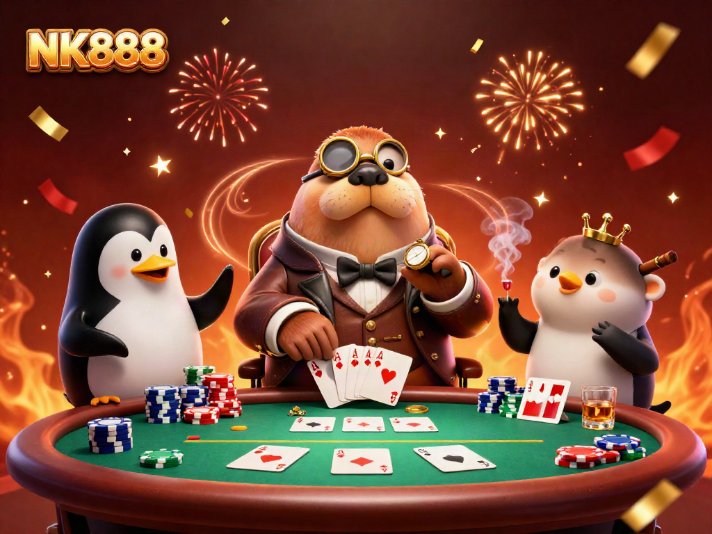 Experience the excitement of NK888 casino games with animated characters playing cards and celebrating wins.