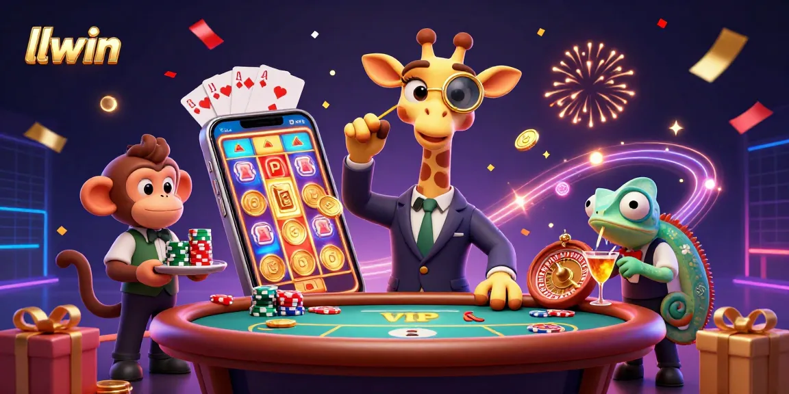 Experience the vibrant world of llwin with a fun and lively casino illustration featuring whimsical characters and dynamic gaming elements.