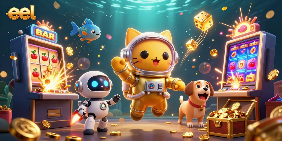 Experience thrilling gaming with eel in a vibrant 3D casino scene packed with dynamic elements.