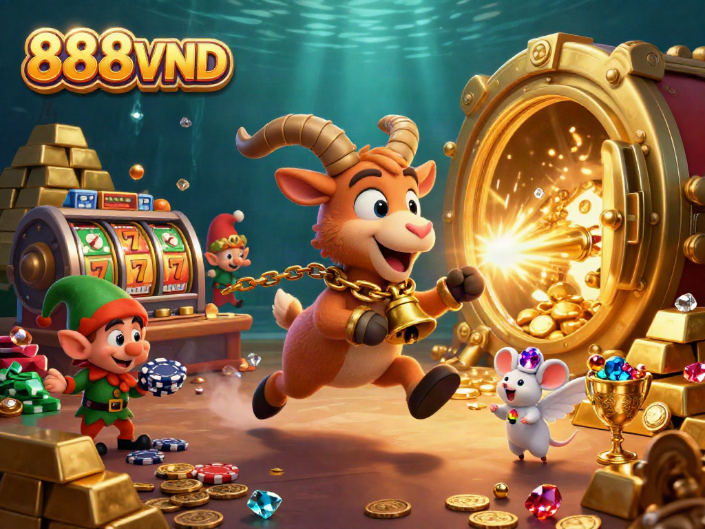 Experience excitement at 888VND casino with playful characters stealing chips amid shining gold and jackpot vibes.