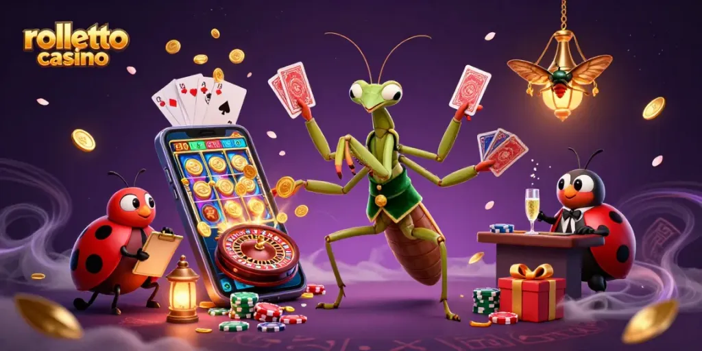Rolletto casino showcases a giant praying mantis card sharp amid a vibrant 3D gambling scene.