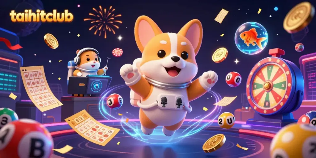 Experience taihitclub's vibrant casino scene with a floating astronaut corgi and dynamic gaming elements.