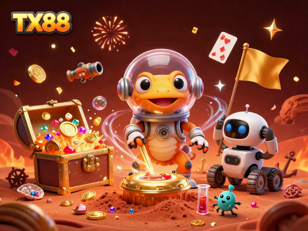Experience the excitement of TX88 casino with a Martian gecko discovering treasures in an alien world.