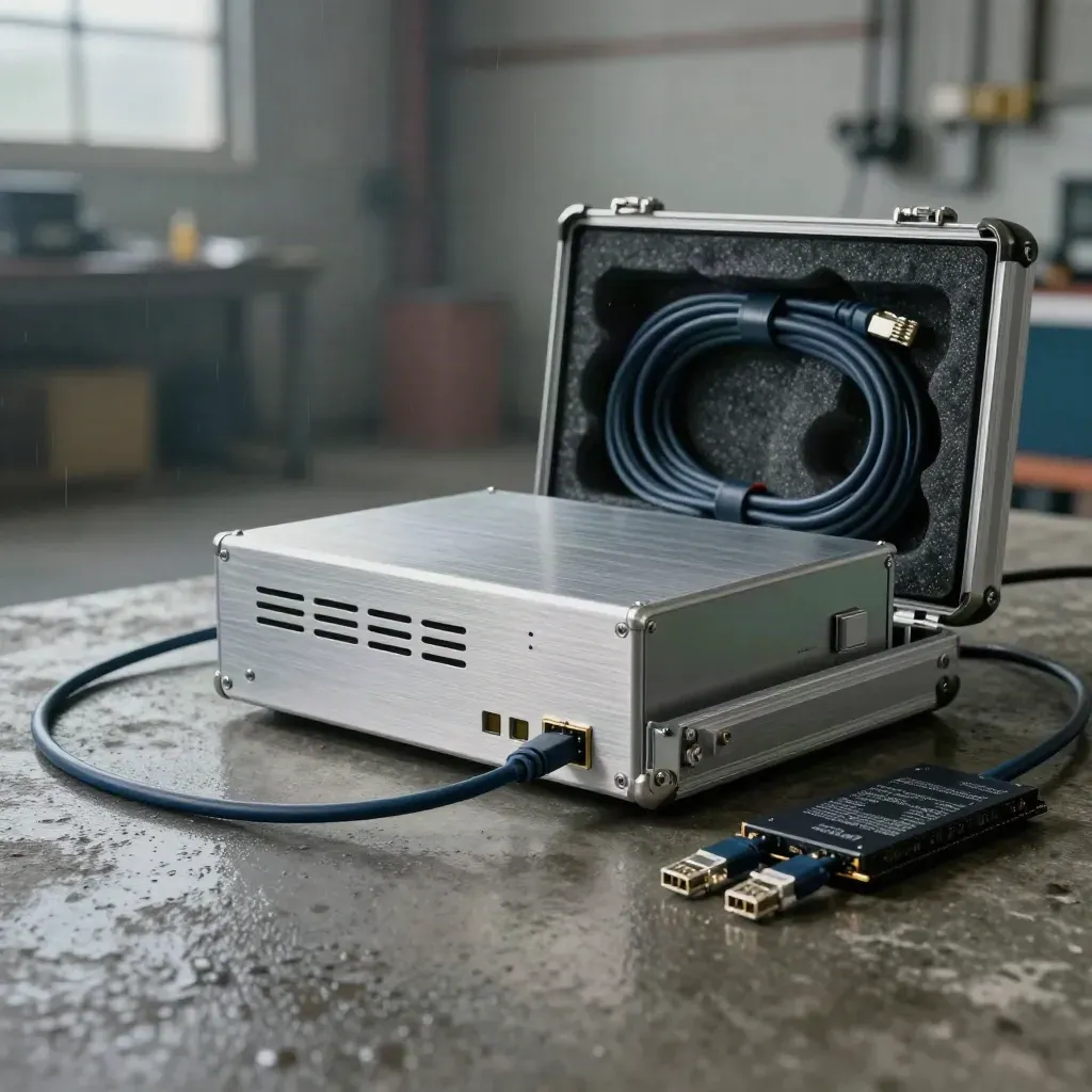 Open firewall hardware kit on wet concrete, lit by rain-soft workshop light.