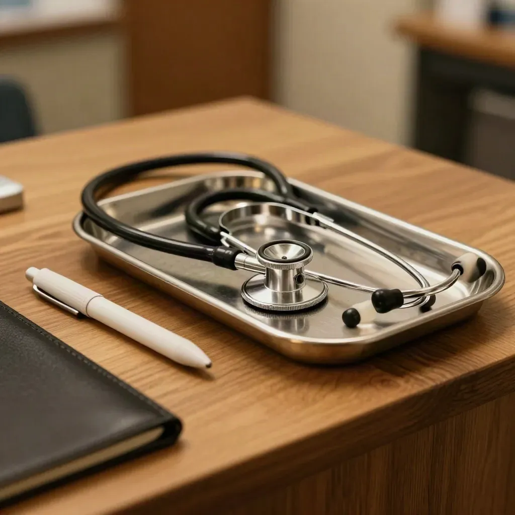Stethoscope, penlight, and sealed metal tray on a warm walnut clinic counter in dramatic light.