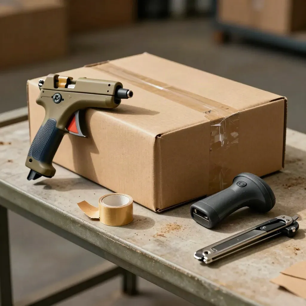 Top-down dispatch bench still life with parcel, tape gun, scanner body and packing knife