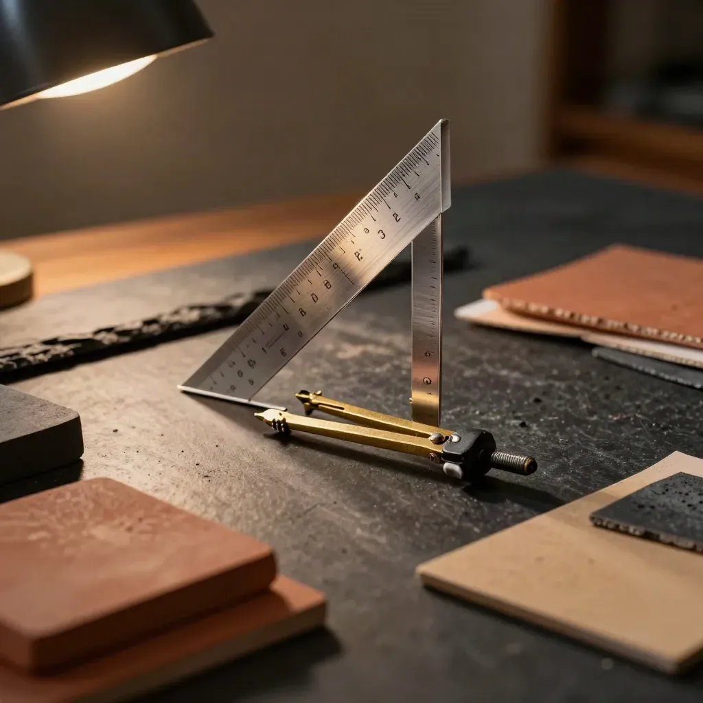 Architect’s tools and sample chips on a dark desk under warm dusk light.