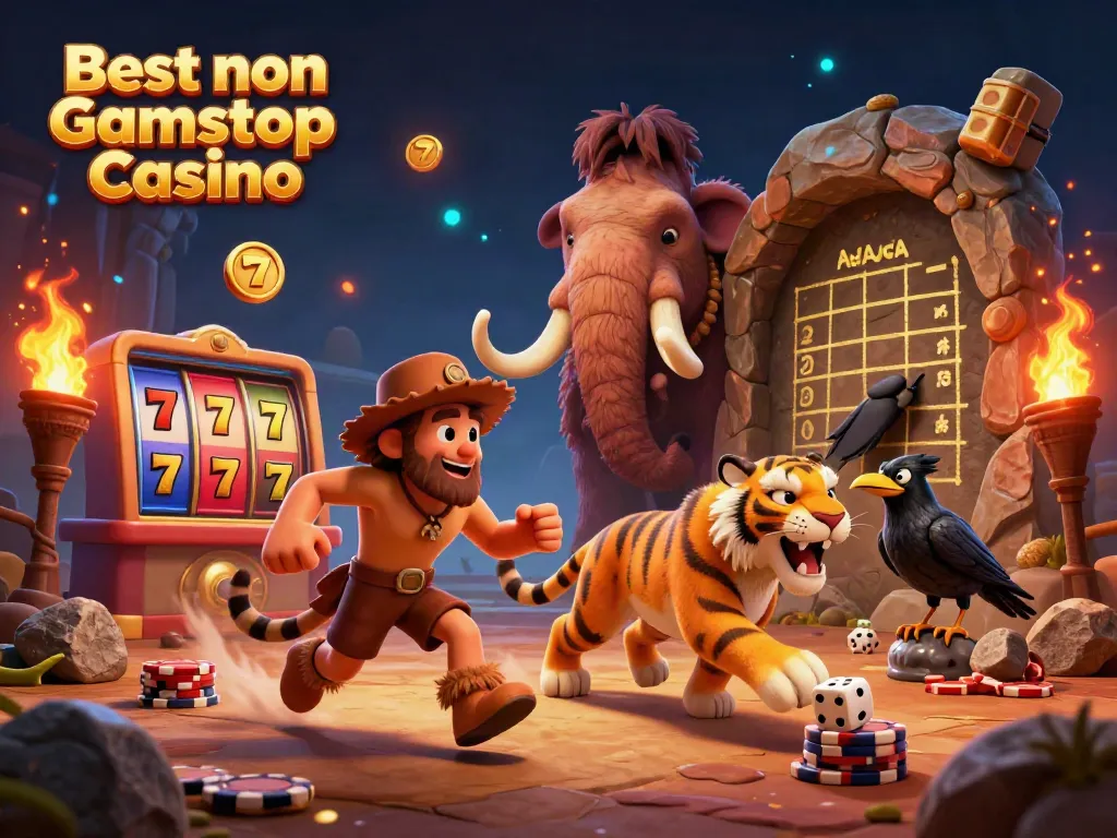 Experience the thrilling excitement at the Best non Gamstop Casino with animated casino characters in a vibrant scene.