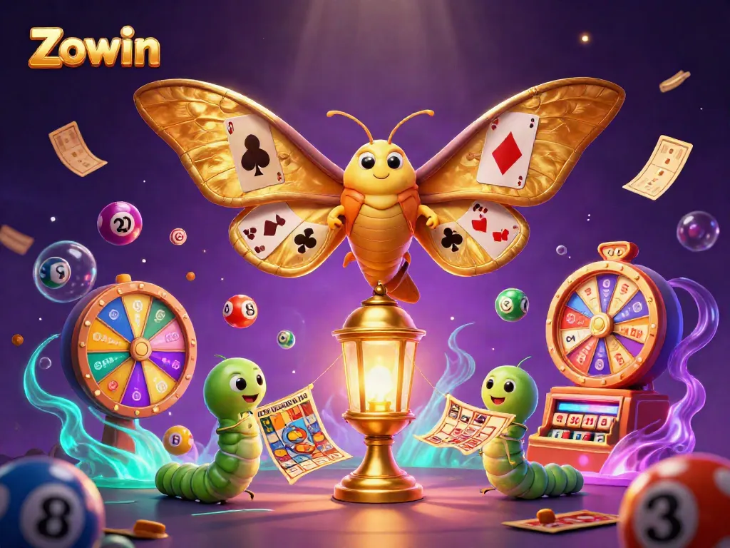 Experience thrilling gaming with Zowin's vibrant 3D illustration featuring casino-themed elements and colorful dynamics.