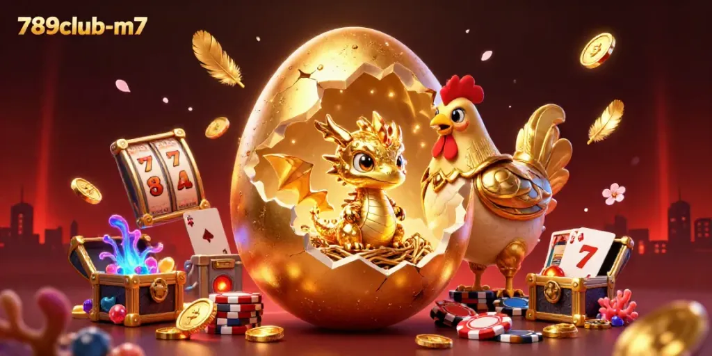 Engage in thrilling gaming with 789club-m7, witnessing a golden dragon amidst casino treasures.