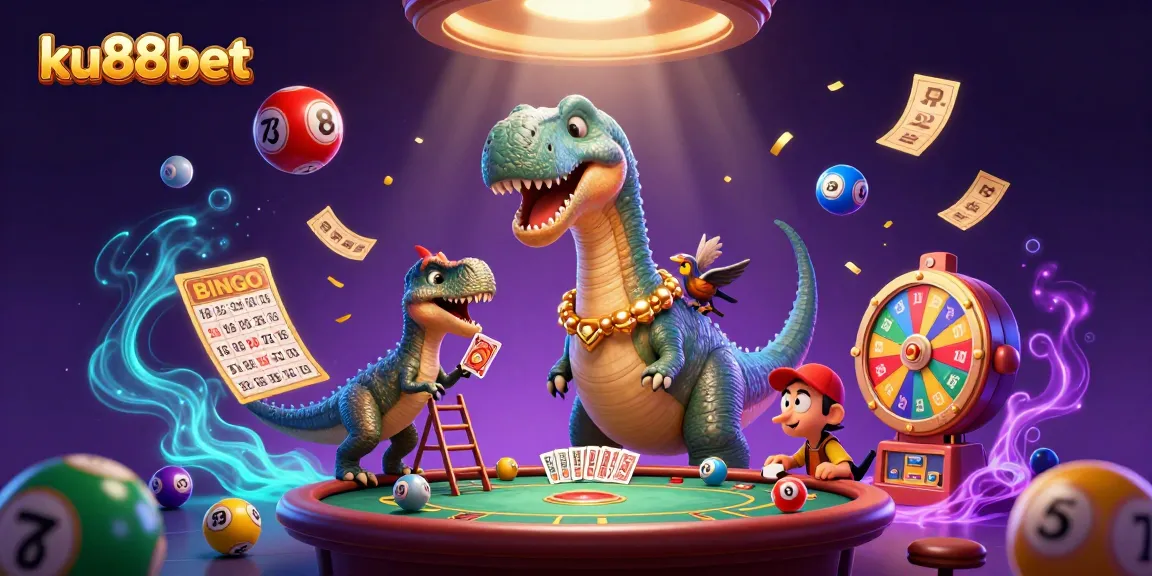 ku88bet showcases an exciting casino scene featuring a tall dinosaur and lively characters