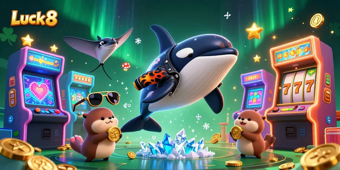 Luck 8 brings players treasures as an orca jumps, otters hold gold coins, and a stingray soars in an exciting casino scene.