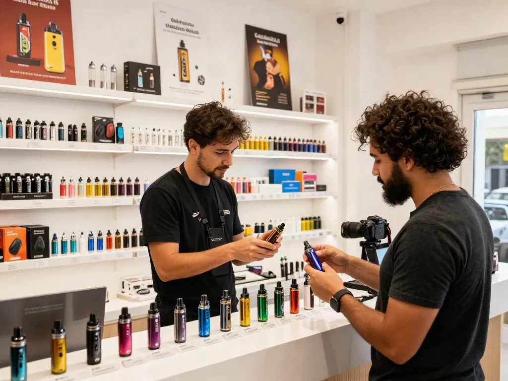 Customer learning about how much nicotine is too much in a modern vape shop, showcasing various vape kits.