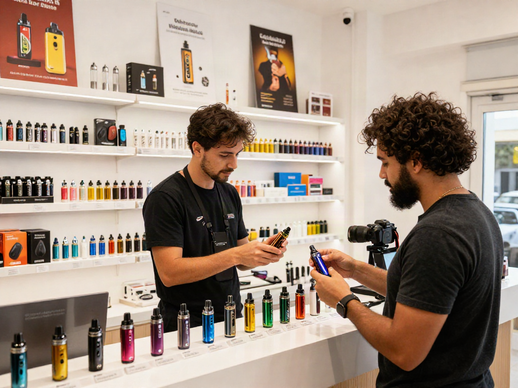 Customer learning about how much nicotine is too much in a modern vape shop, showcasing various vape kits.