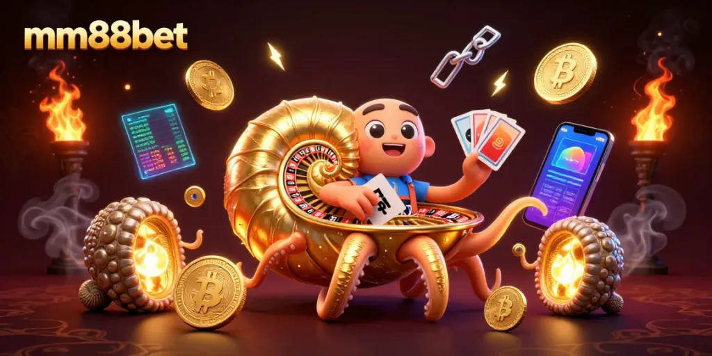 Engage with mm88bet through a vibrant illustration showcasing a giant nautilus roulette and glowing crypto coins.