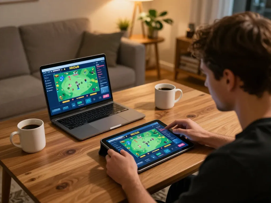 Experience engaging gameplay on Hitclub through a tablet in a cozy home setup