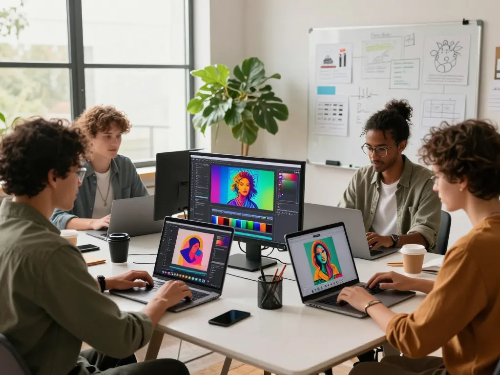 Collaborative artists using nano banana AI image editor for creative design.