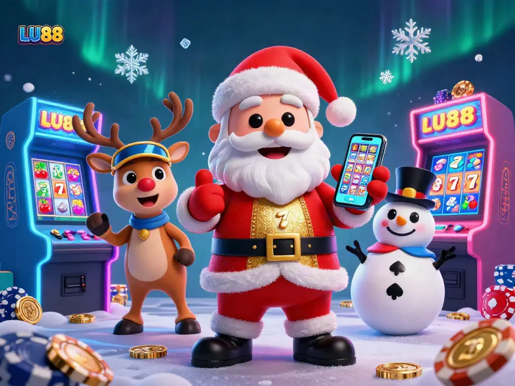 LU88 features Santa Claus and friends celebrating with jackpot slots amid colorful casino elements.