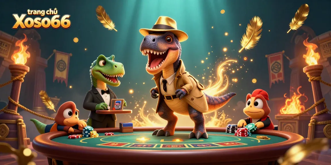 Engage with the exciting world of trang chủ Xoso66 featuring a velociraptor card counter and casino elements.