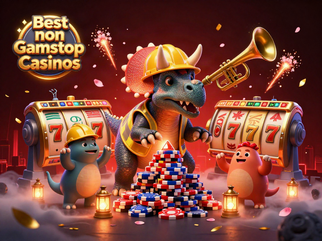 Cheerful scene showcasing the Best non Gamstop Casinos with cartoon dinosaurs celebrating over a poker chip pyramid.
