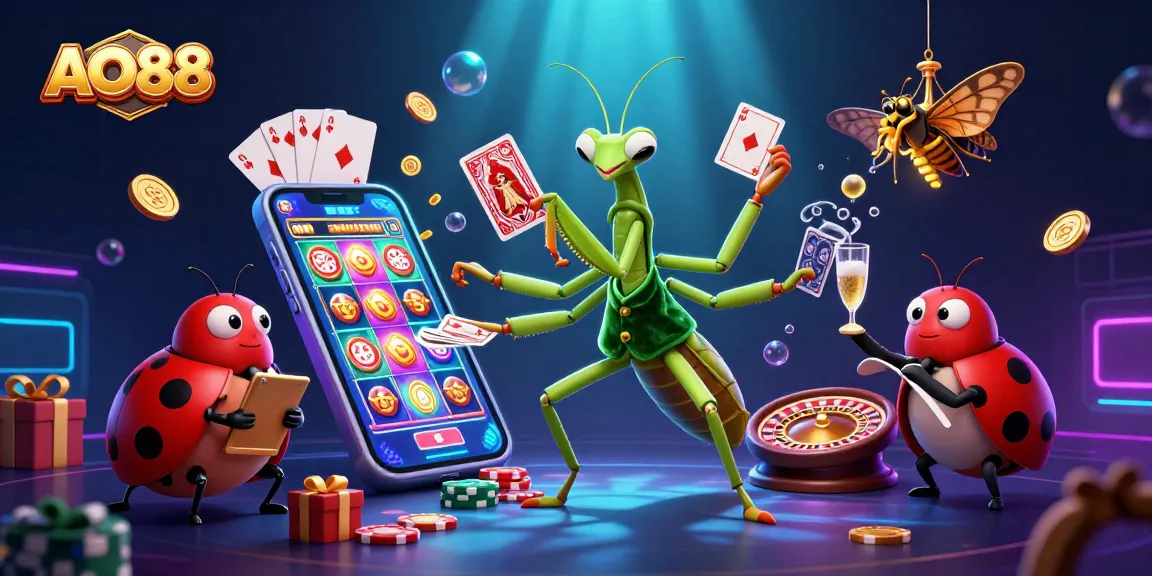 Engage in thrilling gambling with AO88 at a colorful casino with energetic characters.