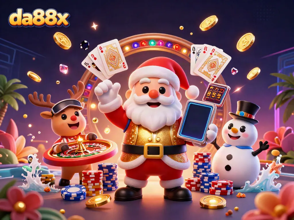 Win big with DA88X in a vibrant casino scene featuring Santa with a jackpot smartphone.