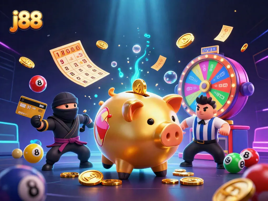 Engage in exciting gameplay at j88 with a 3D golden piggy bank sumo wrestler surrounded by dynamic lottery elements.
