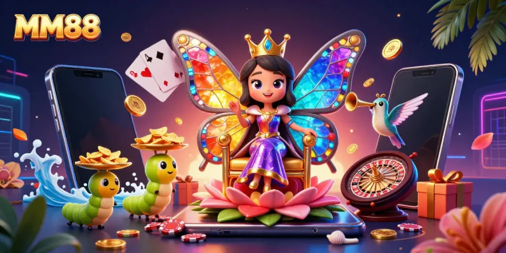 Engage with the vibrant MM88 casino scene featuring a butterfly queen and gaming elements.