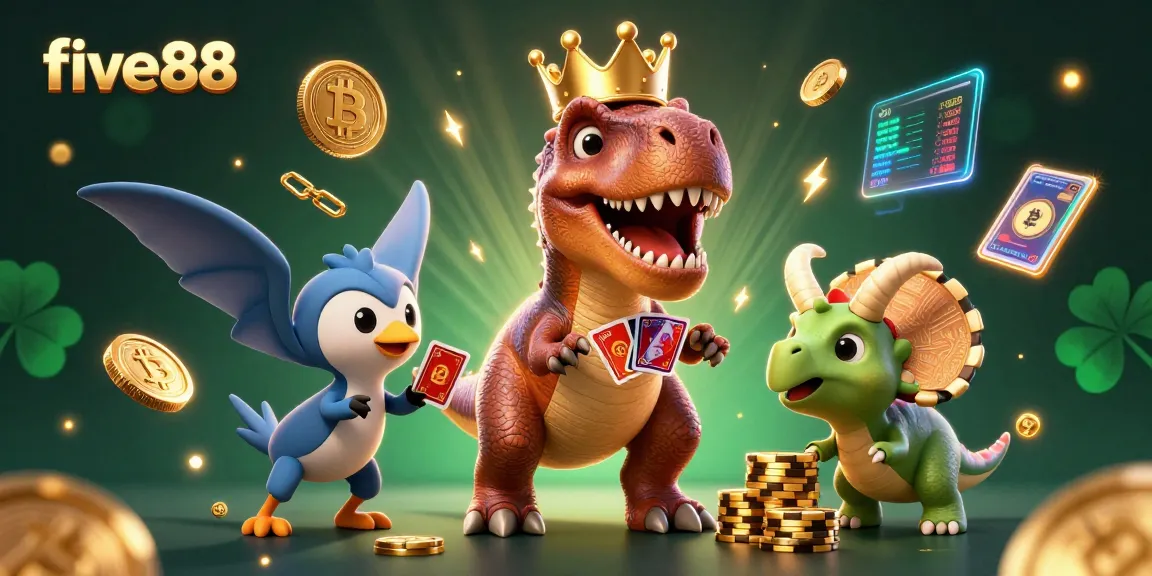 Experience the thrill of five88 with a friendly T-Rex shuffling cards and vibrant crypto elements in a lively casino scene.