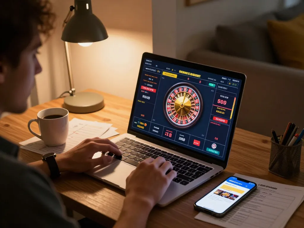 Player engaged in live casino gameplay on laptop, highlighting 68win's online gaming experience.