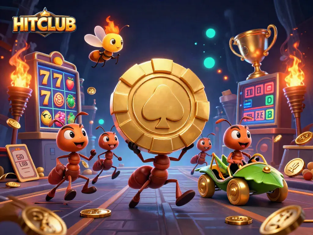 Engage with HITCLUB's thrilling online slots as animated ants steal a giant poker chip, surrounded by dynamic game elements.